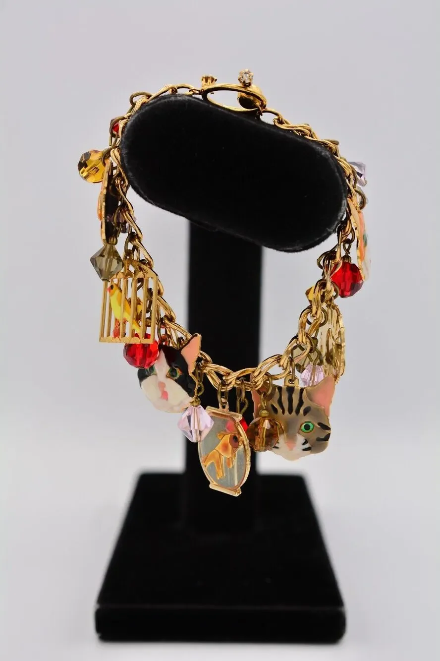 Lunch at The Ritz Vintage Cat Charm Bracelet Bird Fish Crystal Signed 1990s Bin6